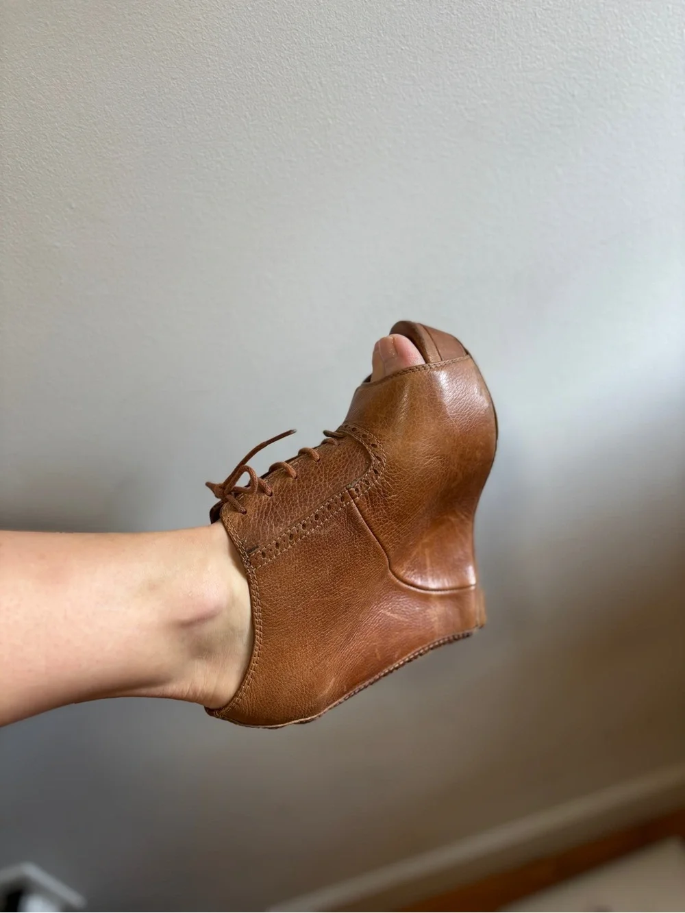 Zara Brown Leather Peep-Toe Wedge Booties rare style real leather